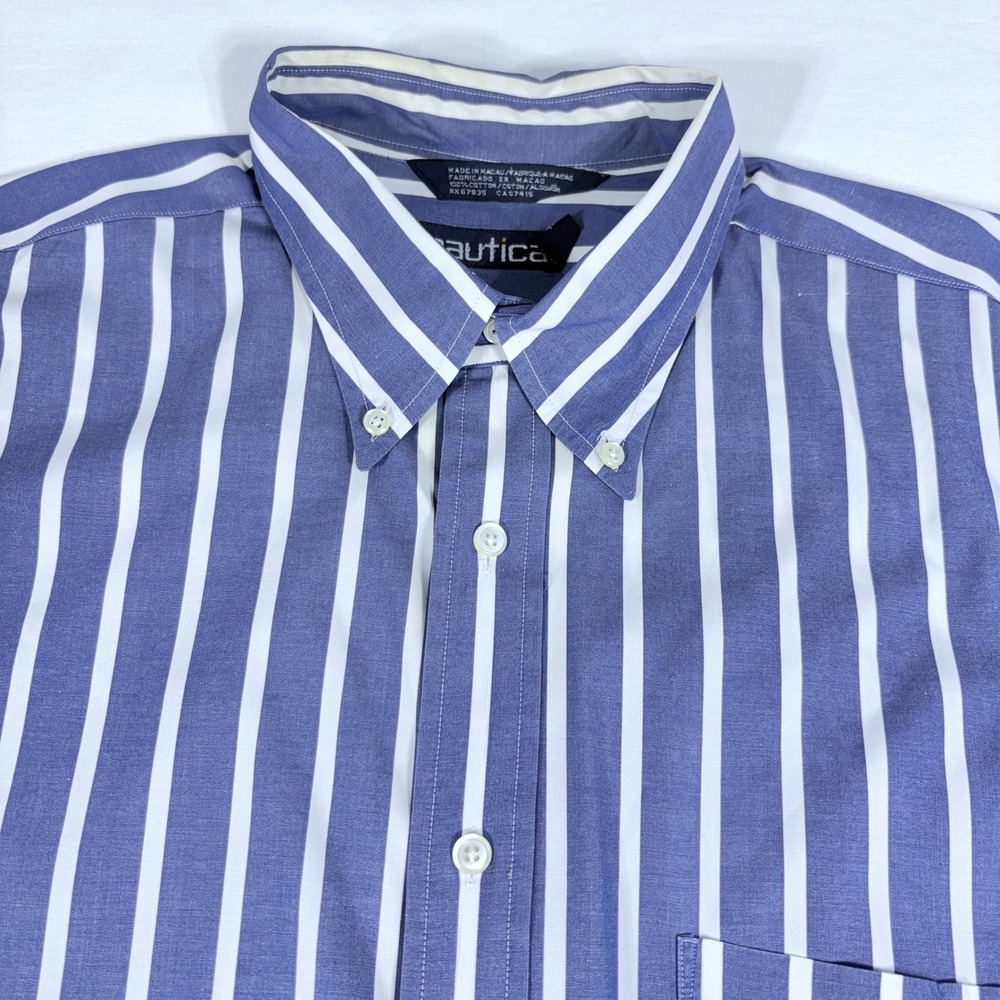 Vintage Nautica Striped Button Down Shirt XL Blue White Signal Flag Logo 90s